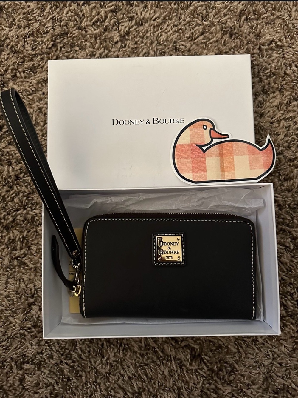 Dooney & Bourke Black Leather Zip Wristlet with Gold Plaque